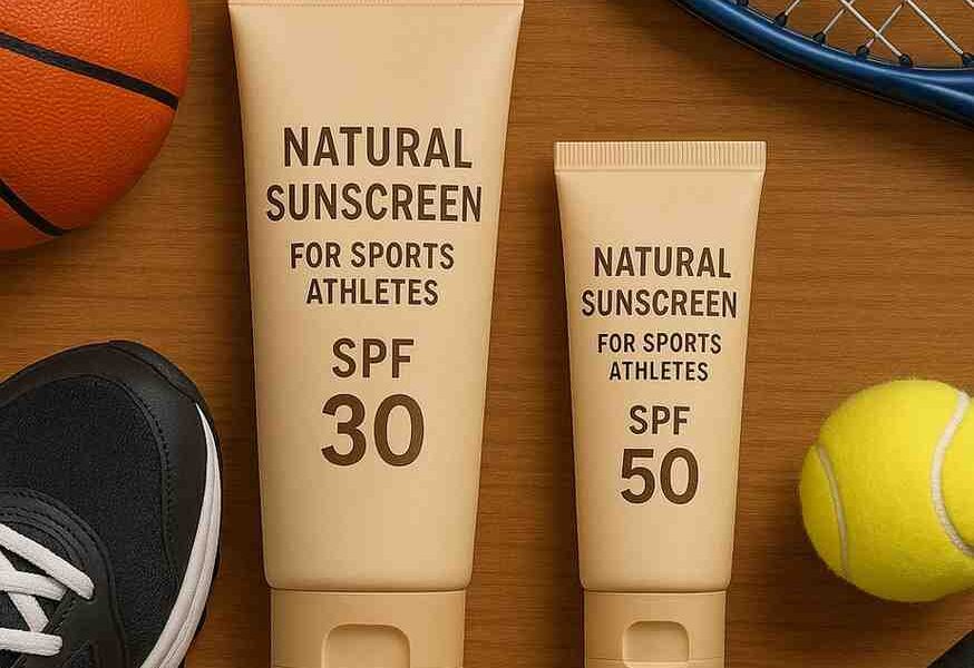 Two tubes of natural sunscreen for sports athletes with SPF 30 and 50, surrounded by tennis gear and a basketball.