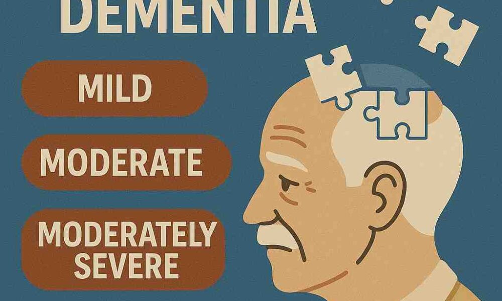 Infographic showing 3 stages of dementia—mild to severe—with an elderly man and puzzle pieces symbolizing memory loss.