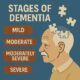 Infographic showing 3 stages of dementia—mild to severe—with an elderly man and puzzle pieces symbolizing memory loss.
