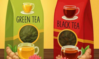 Black Tea vs Green Tea Illustrated tea packages with cups, ginger, and flowers highlighting visual differences and health appeal.