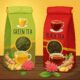 Black Tea vs Green Tea Illustrated tea packages with cups, ginger, and flowers highlighting visual differences and health appeal.