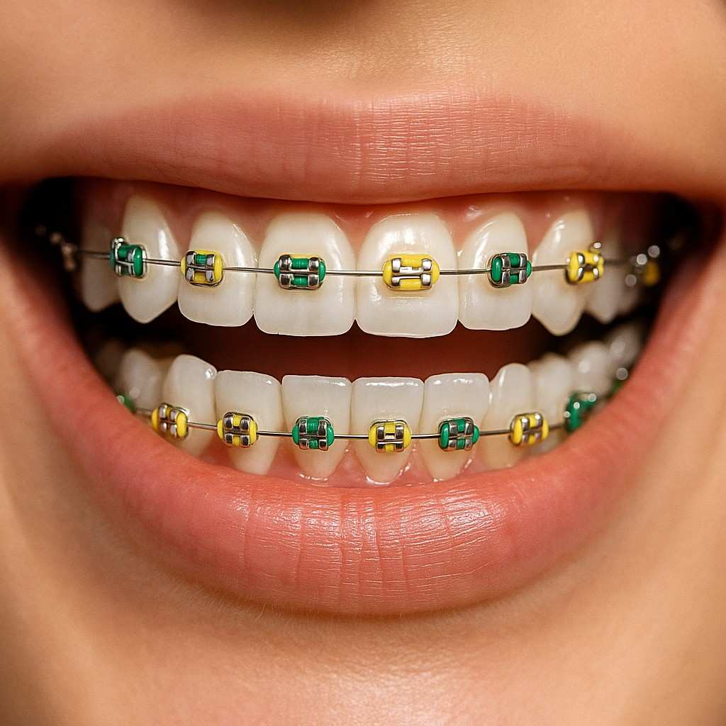 A close-up smile with colorful braces highlighting the cost of lingual braces for adults, showing detailed brackets and wires.