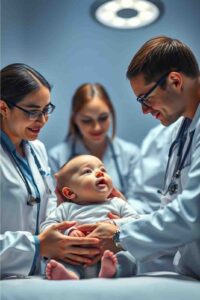 Doctors evaluating a baby in clinic setting, representing expert opinions for lip tie diagnosis and treatment guidance.
