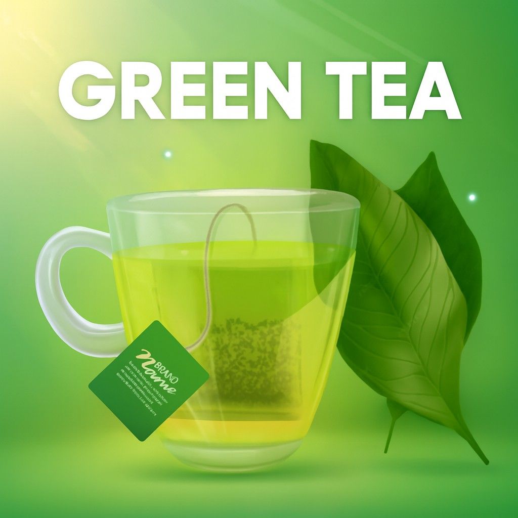 A vibrant green tea cup with a tea bag, fresh leaves, and the text Green Tea against a bright, glowing green background for a promotional ad for Black Tea vs Green Tea.