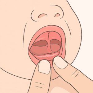 Illustration showing lip tie in babies with restricted upper lip movement, highlighting how to identify oral tissue attachment.