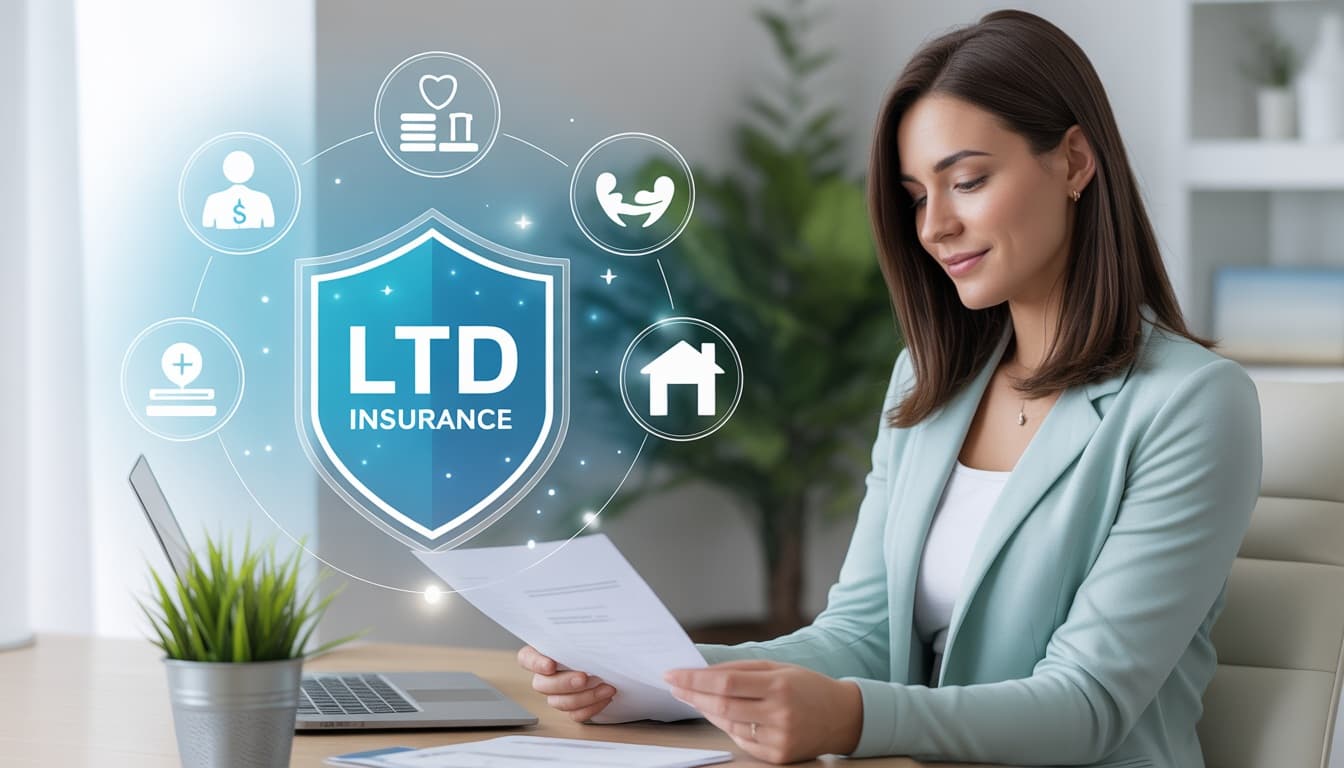 Professional woman reviewing Long Term Disability Insurance documents with digital protection shield and benefit icons in modern office.