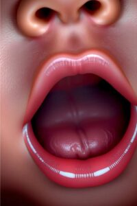 Close-up of a baby's mouth showing lip tie, a condition that can impact feeding and oral development.