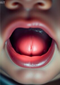 Close-up of a baby's mouth showing lip tie baby , a condition that can impact feeding and oral development.