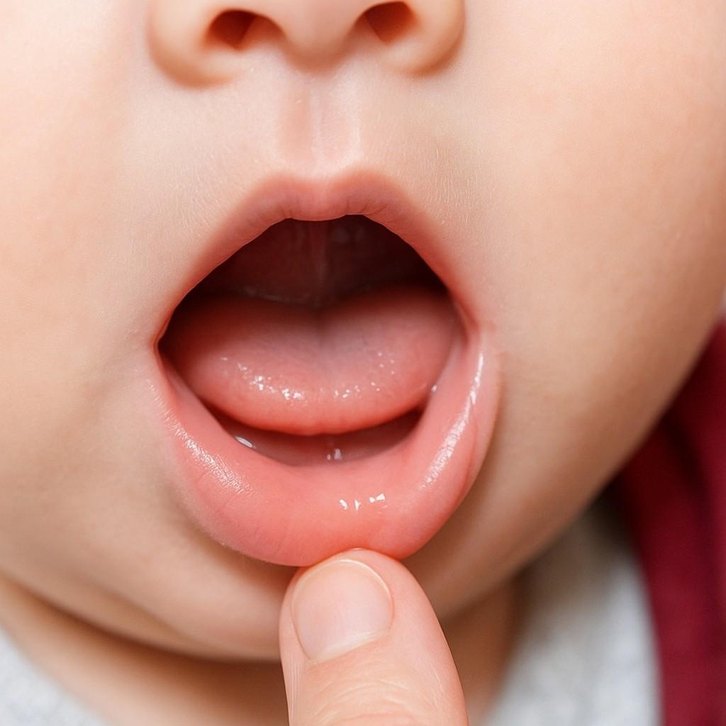 Close-up of a baby's open mouth showing lip tie, with a finger gently pulling the lip to reveal the condition. Focus: lip tie babies.