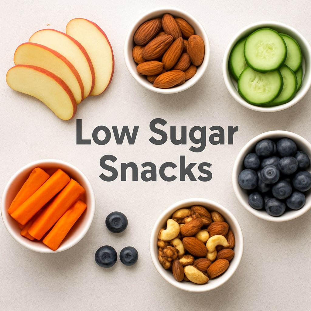 A flat lay of low sugar snacks including apple slices, almonds, cucumber, blueberries, carrots, and mixed nuts with text Low Sugar Snacks.