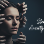 The image shows a woman overwhelmed by invisible pressure, with ghostly hands reaching toward her, symbolizing the silent struggle of an silent anxiety attack.