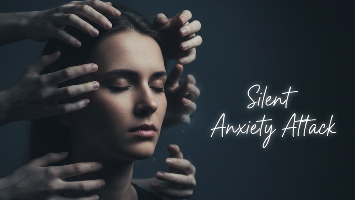 The image shows a woman overwhelmed by invisible pressure, with ghostly hands reaching toward her, symbolizing the silent struggle of an silent anxiety attack.