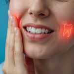 A woman holding her cheek with a hand, showing a red glowing area and tooth icon, illustrating a tooth nerve pain. Text concept: Kill Tooth Pain Nerve in 3 Seconds Permanently.