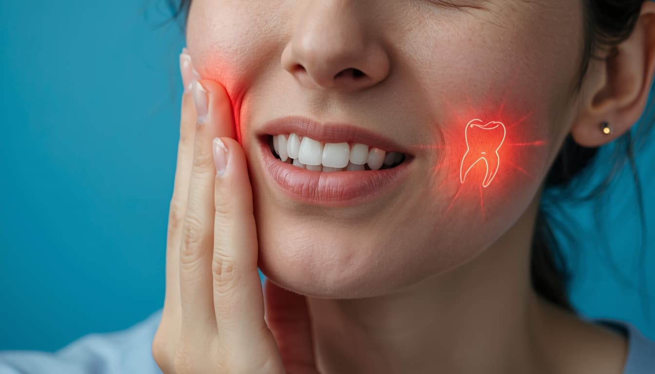 A woman holding her cheek with a hand, showing a red glowing area and tooth icon, illustrating a tooth nerve pain. Text concept: Kill Tooth Pain Nerve in 3 Seconds Permanently.