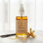 Vanilla Glow Body Oil bottle with real vanilla bean and jojoba oil, natural skincare product for glowing and hydrated skin, vanilla scented body oil