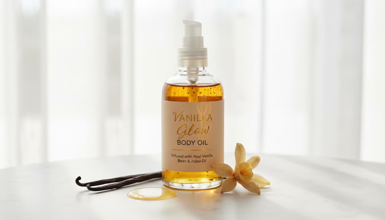 Vanilla Glow Body Oil bottle with real vanilla bean and jojoba oil, natural skincare product for glowing and hydrated skin, vanilla scented body oil